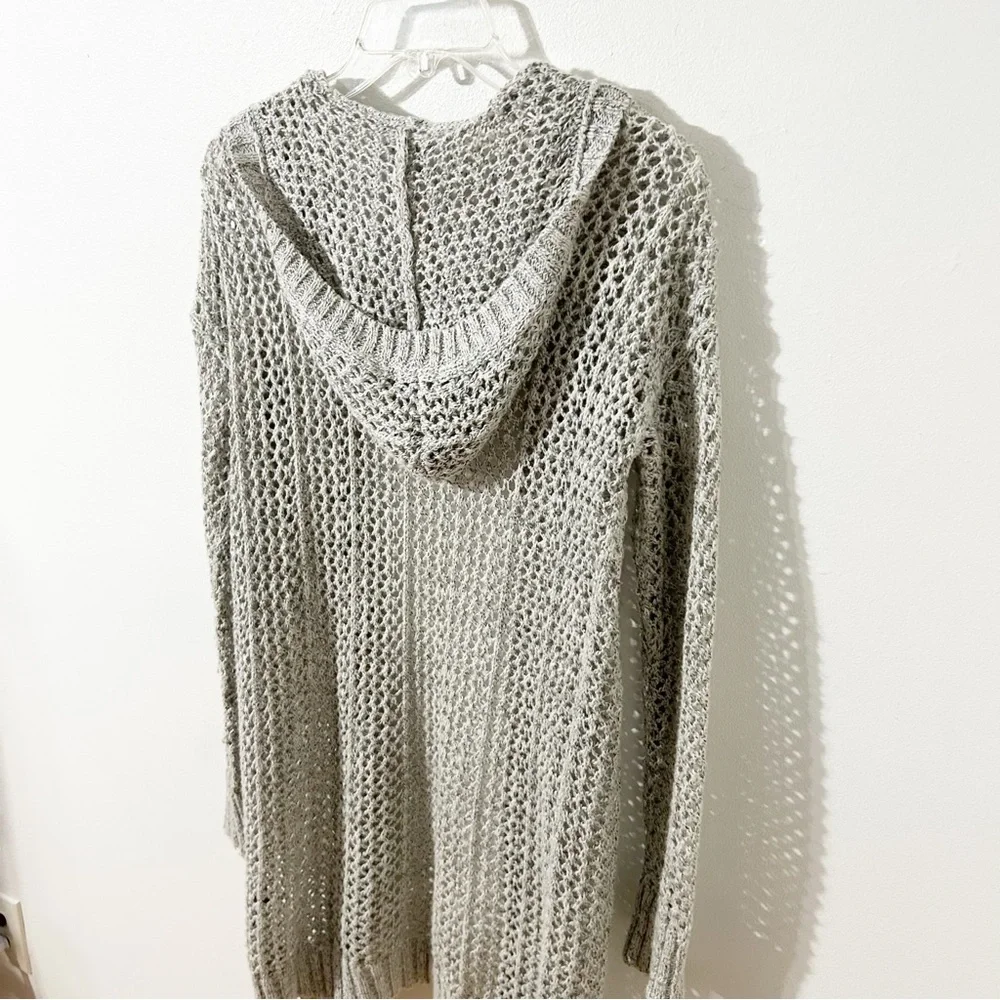 Aerie Light Gray Open-Knit Long Sleeve Cotton Blend Cardigan Sweater with a Hood